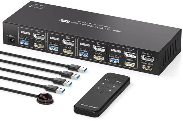 Main image of KVM Switch 4 Computers 2 Monitors HDMI and Displayport 4K60Hz 4 Port KVM Switch for 4 PCs to Share Dual Monitors and 4 USB 3.0 Peripherals Support for Copy/Extend Modes with Controller