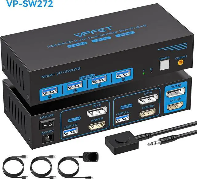 Alt view image 3 of 6 - Ethernet Splitter 1 to 2 1000Mbps/HDMI Displayport KVM Switch 2 Monitors 2 Computers 4K@60Hz DP KVM Switcher Dual Monitor for 2 Computers Share 2 Screens, One Gigabit Ethernet Port and 4 USB 3.0 Ports