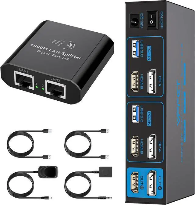 Main image of Ethernet Splitter 1 to 2 1000Mbps/HDMI Displayport KVM Switch 2 Monitors 2 Computers 4K@60Hz DP KVM Switcher Dual Monitor for 2 Computers Share 2 Screens, One Gigabit Ethernet Port and 4 USB 3.0 Ports