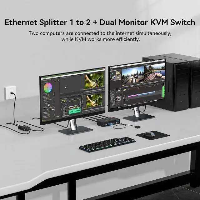 Alt view image 6 of 6 - Ethernet Splitter 1 to 2 1000Mbps/HDMI Displayport KVM Switch 2 Monitors 2 Computers 4K@60Hz DP KVM Switcher Dual Monitor for 2 Computers Share 2 Screens, One Gigabit Ethernet Port and 4 USB 3.0 Ports