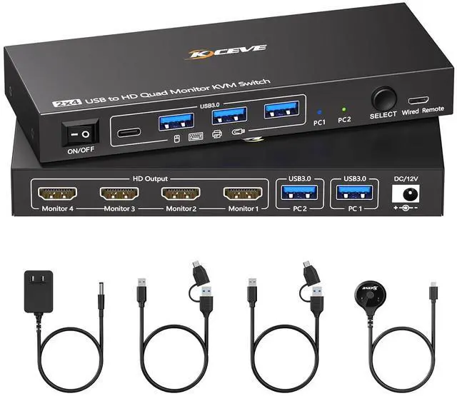 Main image of 4 Monitors KVM Switch 2 Computers 1080P@60Hz,USB 3.0 KVM Switch Quad Monitor for 2 PC Share 4 Monitor and Keyboard Mouse Printer,with Wired Remote and 2 USB Cables,Driver Installation is Required