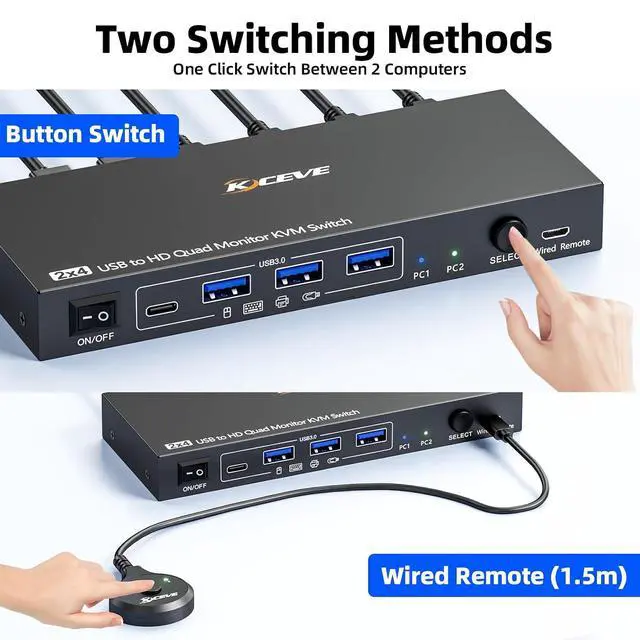 Alt view image 5 of 7 - 4 Monitors KVM Switch 2 Computers 1080P@60Hz,USB 3.0 KVM Switch Quad Monitor for 2 PC Share 4 Monitor and Keyboard Mouse Printer,with Wired Remote and 2 USB Cables,Driver Installation is Required