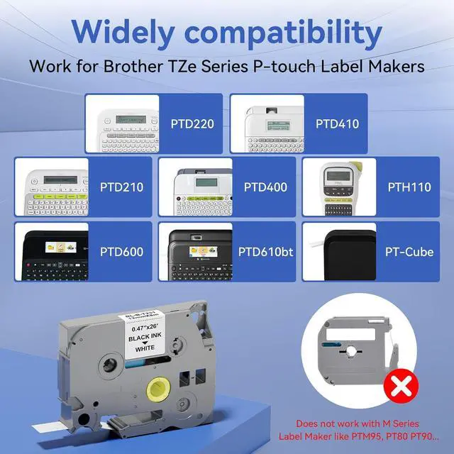 Alt view image 3 of 7 - Replace for Brother Label Maker Tape TZe-231 12mm 0.47 Laminated White Tape Compatible with P-Touch TZ TZe 1/2" Black on White TZE231 for PT-D220 D210 H110 D200 D400 1280 D610BT P710BT Refills