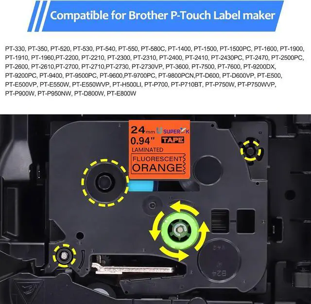 Alt view image 4 of 7 - USUPERINK 10PK Compatible for Brother P-Touch TZe-B51 TZeB51 TZB51 TZ-B51 Black on Fluorescent Orange 24mm 1'' 0.94'' x 16.4ft Laminated Label Tape Work with D600 D600VP P700 P710BT P950NW Label Maker