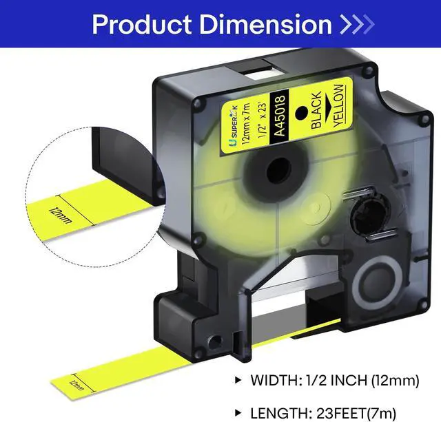 Alt view image 2 of 7 - 20 Pack Compatible for Dymo D1 Label Tape 45018 S0720580 Refill Black on Yellow 1/2 inch x 23 feet Labeling Tape for LabelManager PnP 160 210D 260P 280 360D 420P 450D ColorPop Label Maker