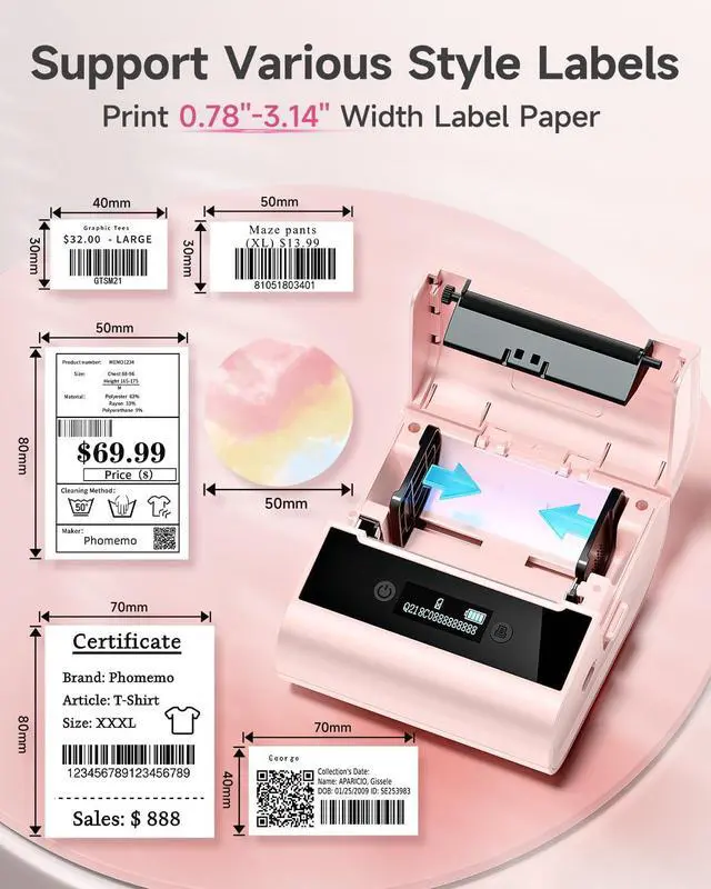 Alt view image 3 of 7 - Phomemo-M260 Label Maker 3 Inch 80mm Bluetooth Thermal Label Printer with White Thermal Label Paper 2.36" X 1.57" (60mm X 40mm)-Pink