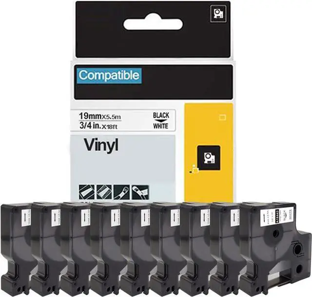 Main image of 9-Pack FlyLong Compatible Rhino 18445 3/4 Permanent Vinyl Tapes for DYMO 18445 Rhino Industrial Black on White Label Tape Work with DYMO Rhino 4200 5200 5000 6000 Industrial Label Maker, 19mm x 5.5m