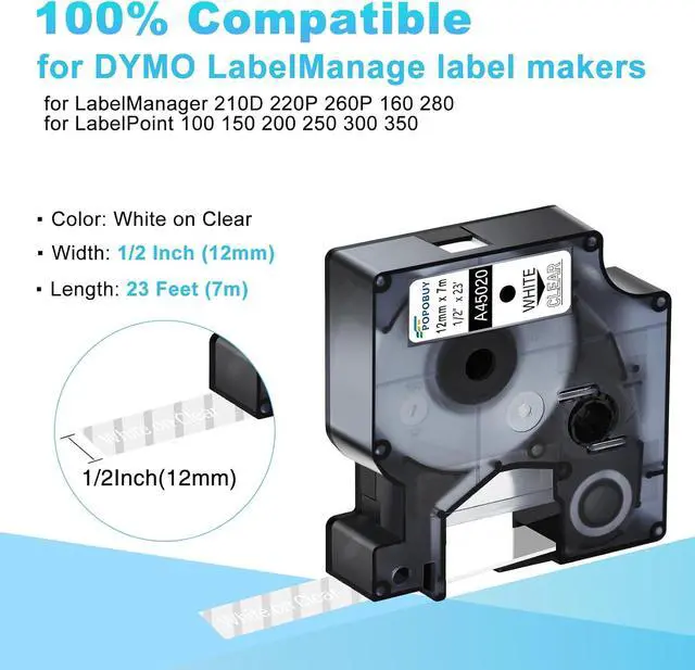 Alt view image 2 of 6 - 20 Pack Compatible for DYMO D1 Label Maker Refills A45020 S0720600 White on Clear Label Tape 45020, 1/2 Inch x 23 Ft, for LabelManager 210D 220P 260P 160 280 420P 360D 450 COLORPOP PnP LP250