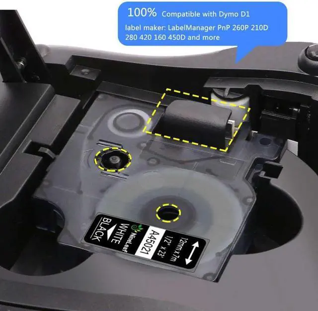 Alt view image 3 of 4 - 10-Pack 12mm White on Black Label Ribbon Compatible with LabelManager 100, 120P, 160, 350D and Other D1 Label Makers