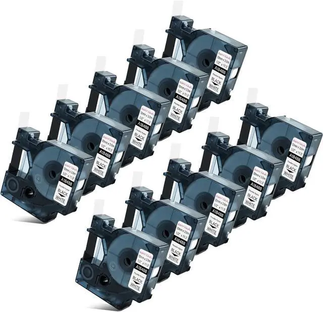 Main image of 10 X Compatible with Dymo Flexible Nylon Label Tape 18488 A18488 Black on White 12mm 1/2 inch x 18 Feet Replacement for Rhino 1000 3000 5200 4200 5000 6000 3M PL100 PL200 PL300 Label Maker