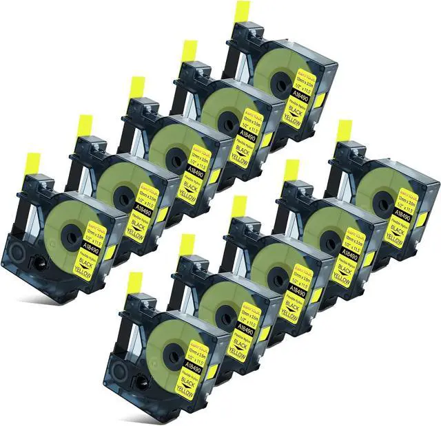 Main image of 10 X Compatible with Dymo Flexible Nylon Label Tape 18490 A18490 Black on Yellow 12mm 1/2 inch x 18 Feet Replacement for Rhino 1000 3000 5200 4200 5000 6000 3M PL100 PL200 PL300 Label Maker