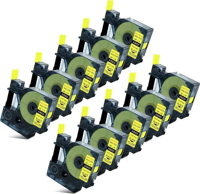 Main image of 10 X Compatible with Dymo Vinyl Permanent Label Tape 18431 A18431 Black on Yellow 9mm 3/8 inch x 18 Feet Replacement for Rhino 1000 3000 5200 4200 5000 6000 3M PL100 PL200 PL300 Label Maker