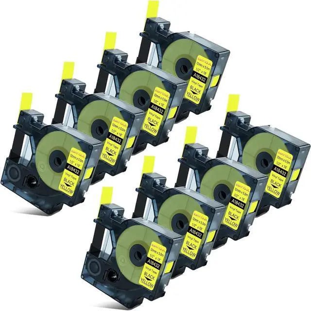 Main image of 8 X Compatible with Dymo Vinyl Permanent Label Tape 18432 A18432 Black on Yellow 12mm 1/2 inch x 18 Feet Replacement for Rhino 1000 3000 5200 4200 5000 6000 3M PL100 PL200 PL300 Label Maker