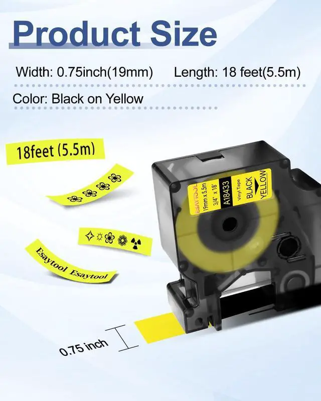 Alt view image 2 of 7 - 8 X Compatible with Dymo Vinyl Permanent Label Tape 18433 A18433 Black on Yellow 19mm 3/4 inch x 18 Feet Replacement for Rhino 5200 4200 5000 6000 3M PL200 PL300 Label Maker