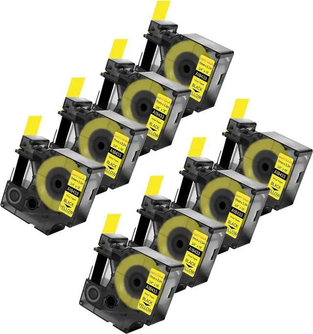 Main image of 8 X Compatible with Dymo Vinyl Permanent Label Tape 18433 A18433 Black on Yellow 19mm 3/4 inch x 18 Feet Replacement for Rhino 5200 4200 5000 6000 3M PL200 PL300 Label Maker