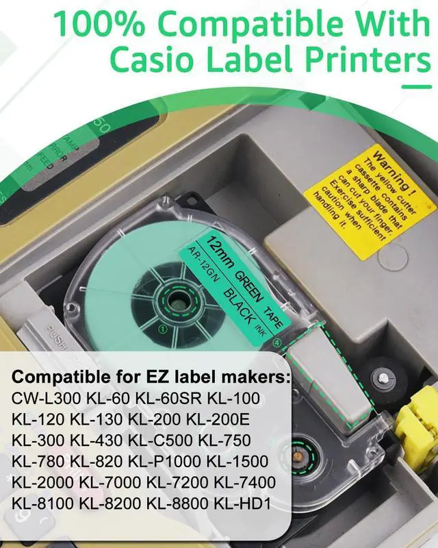 Alt view image 5 of 5 - 20 X Compatible with Cassette Label Tape XR12GN XR-12GN XR-12GN2S XR12GN2S Black on Green 12mm 1/2 inch x 26.2 Feet Replacement for KL-120 KL-430 KL-1500 KL-2000 Label Maker