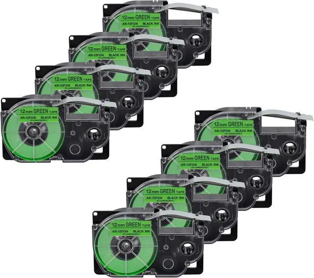 Main image of 8 X Compatible with Cassette Label Tape XR12FGN XR-12FGN XR-12FGN2S XR12FGN2S Black on Fluorescent Green 12mm 1/2 inch x 16.4 Feet Replacement for KL-120 KL-430 KL-1500 KL-2000 Label Maker