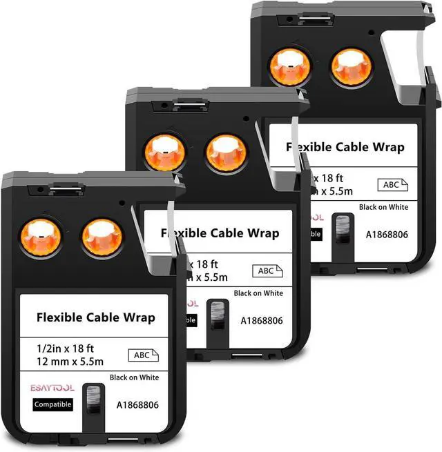 Main image of 3 X Compatible with Dymo Rhino XTL Flexible Cable Wrap Label Tape 1868806 A1868806 Black on White 12mm 1/2 inch x 18 Feet Replacement for Rhino XTL-300 XTL-500 Label Maker