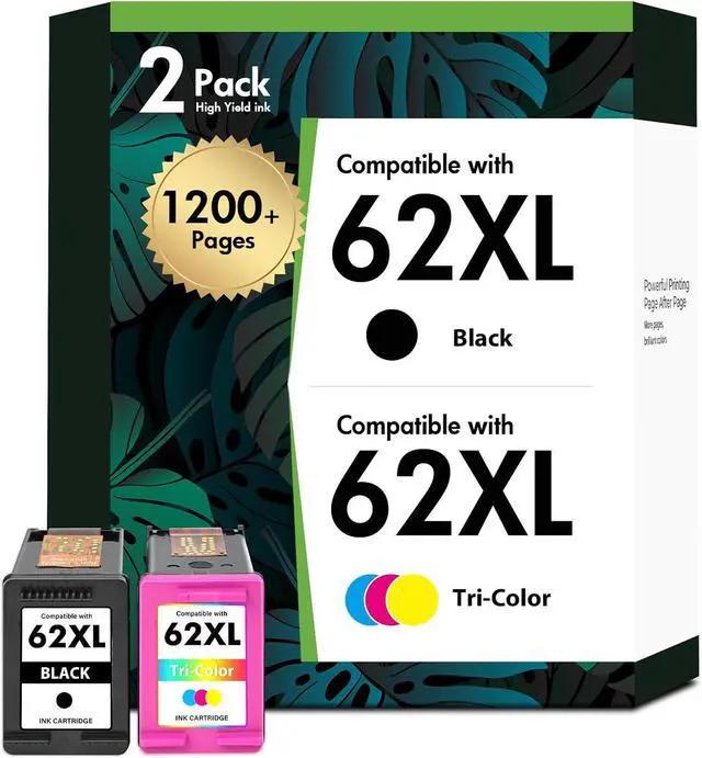 Main image of 62XL 62 XL 7640 Ink Cartridges for HP Printers Black and Color Combo Pack