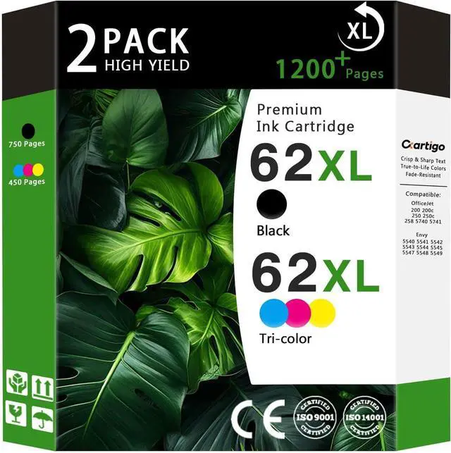 Main image of 62XL High Yield Compatible Ink Cartridges Replacement for HP 62, Fit HP Envy 5540 5640 5660 7644 OfficeJet 5740 5741 8040 200 250 Series Printers, Combo 2-Pack (1 Black / 1 Tri-Color)
