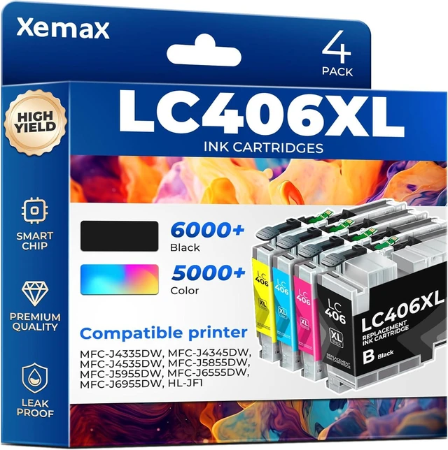 Main image of LC406XL Ink Cartridges 4 Pack (21000 Pages) Compatible with MFC-J4335DW for Brother LC406XL LC406 Ink Work for MFC-J4335DW, MFC-J4345DW, MFC-J4535DW, MFC-J5855DW, MFC-J5955DW, MFC-J6555DW, MFC-J6955DW
