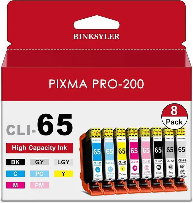 Main image of 8-Pack CLI-65 CLI65 Ink Cartridges with Chip Compatible with Canon Pixma Pro-200 Pro-200s Printer (BK/C/M/Y/PM/PC/GY/LGY), Borderless Printing from 3.5" x 3.5" up to 13" x 19"