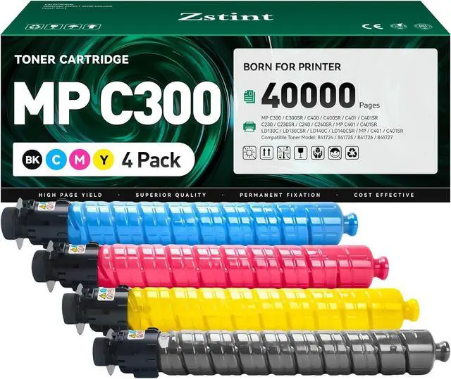 Main image of MP C300 Toner Cartridge Set 4-Pack High Yield Replacement for Ricoh 841724 841725 841726 841727 Compatible with Ricoh MP C300 C300SR C400 C400SR C401 C401SR LD 130C 140C C230 C240 Printer Black Color
