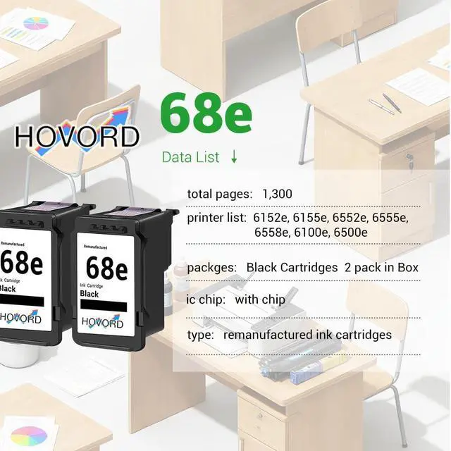 Alt view image 2 of 5 - Ink Cartridge 68E Replacement for HP 68e High Capacity 68 Black Work with Envy 6152e 6155e 6552e 6555e 6558e Printer 6100e 6500e Printer 2-Pack