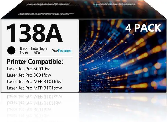 Main image of 138A Toner Cartridges Black 4 Pack Pro MFP 3101fdw Replacement for HP138A 138A W1380A 138X W1380X Black Toner Compatible with HP Laser Jet Pro 3001fdw 3001dw MFP 3101fdw Printer 138A Ink (4 Black)