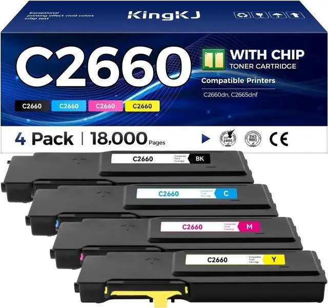 Main image of C2660 Toner Cartridge Set 4-Pack High Yield Black Cyan Magenta Yellow Replacement for Dell 593-BBBU 593-BBBT 593-BBBS 593-BBBR Compatible with Dell C2660 C2660dn C2665dnf Printer Ink Laser All-in-One
