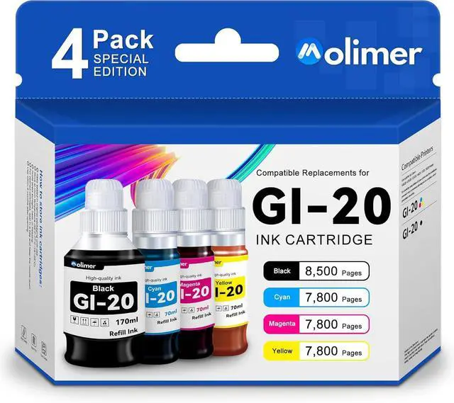 Main image of MOLIMER GI-20 GI20 Ink Refill Bottles Kit Replacement for Canon GI-20 Ink Cartridge with G6020 G5020 G7020 Printer, GI20 Ink Bottles 4 Pack (170mL Black Ink Refill, 70mL Cyan Magenta Yellow)