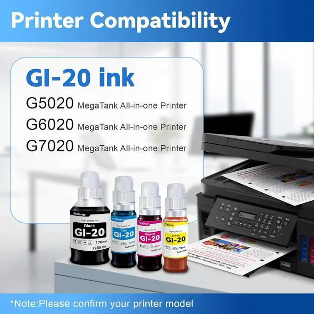 Alt view image 2 of 7 - MOLIMER GI-20 GI20 Ink Refill Bottles Kit Replacement for Canon GI-20 Ink Cartridge with G6020 G5020 G7020 Printer, GI20 Ink Bottles 4 Pack (170mL Black Ink Refill, 70mL Cyan Magenta Yellow)