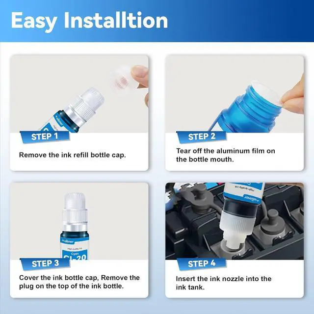 Alt view image 6 of 7 - MOLIMER GI-20 GI20 Ink Refill Bottles Kit Replacement for Canon GI-20 Ink Cartridge with G6020 G5020 G7020 Printer, GI20 Ink Bottles 4 Pack (170mL Black Ink Refill, 70mL Cyan Magenta Yellow)