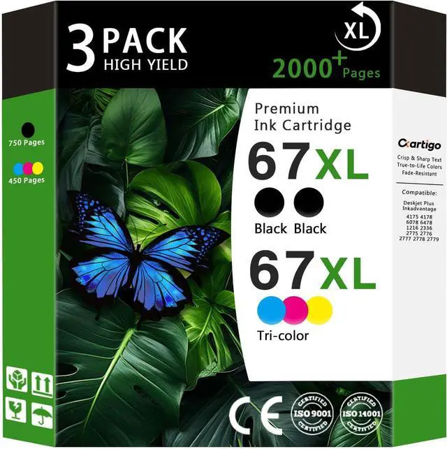 Main image of 67XL High Yield Ink Cartridges Combo Pack (2 Black/1 Tri-Color 3-Pack) Compatible for HP 67XL 67 Replacement for HP Deskjet 4175 4178 6078 6478 1216 2336 2775 2776 2777 2778 2779 Series Printers