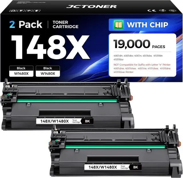 Main image of 148X Black Toner Cartridge 2-Pack with chip High Yield Replacement for HP 148X W1480X 148A W1480A Compatible with HP LaserJet Pro MFP 4101dw 4101fdn 4101fdw 4001dn 4001dw 4001n 4001 4101 e Printer Ink