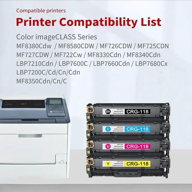 Alt view image 2 of 7 - 118 Toner Cartridge 4 Pack - High-Yield Replacement for Canon CRG-118 CRG118 Toner for Color Imageclass MF8580Cdw MF8380Cdw MF8350Cdn MF726Cdw LBP7660Cdn Printer (Black Cyan Magenta Yellow)