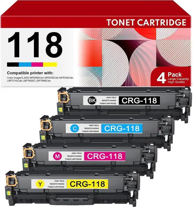 Main image of 118 Toner Cartridge 4 Pack - High-Yield Replacement for Canon CRG-118 CRG118 Toner for Color Imageclass MF8580Cdw MF8380Cdw MF8350Cdn MF726Cdw LBP7660Cdn Printer (Black Cyan Magenta Yellow)