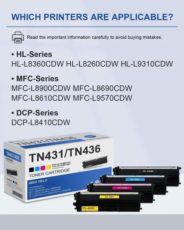Alt view image 2 of 6 - TN-436 TN436 High Yield Toner Cartridges (4 Pack, BK/C/M/Y) - Compatible TN 436 Toner Cartridge Replacement for Brother TN436 MFC-L8900CDW L8690CDW L8610CDW HL-L8360CDW L8260CDW DCP-L8410CDW Printer