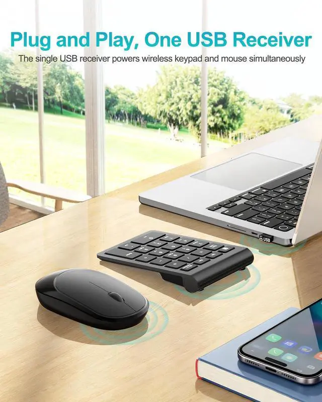 Alt view image 4 of 7 - Wireless Number Pad, Numeric Pad and Mouse Combo, Portable Slim 2.4GHz USB Wireless 10 Key Numpad Keypad for Laptop, Mac, Notebook, Desktop, PC Computer - Black