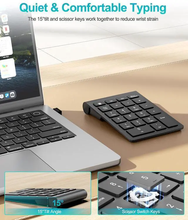 Alt view image 6 of 7 - Wireless Number Pad, Numeric Pad and Mouse Combo, Portable Slim 2.4GHz USB Wireless 10 Key Numpad Keypad for Laptop, Mac, Notebook, Desktop, PC Computer - Black