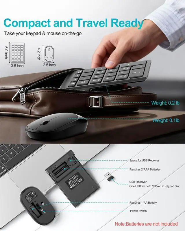 Alt view image 7 of 7 - Wireless Number Pad, Numeric Pad and Mouse Combo, Portable Slim 2.4GHz USB Wireless 10 Key Numpad Keypad for Laptop, Mac, Notebook, Desktop, PC Computer - Black