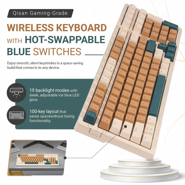 Alt view image 2 of 6 - Qisan Wireless/Wired Mechanical Gaming Keyboard,Triple Mode 2.4G/USB-C/BT (98%) Wireless Mechanical Keyboard with US Layout | Blue Switch Rechargeable RGB Backlit Keyboards for Gaming, Brown Combo