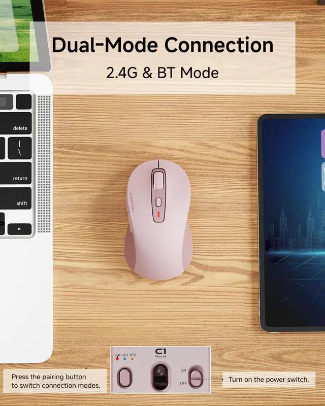 Alt view image 2 of 7 - Wireless Mouse - for Small to Medium Hands, Dual-Mode 2.4 G/Bluetooth Mouse, 4000 DPI, Rechargeable Battery, Cute Silent Click Computer Mouse for Laptop, Mac, PC, Chromebook - Pink