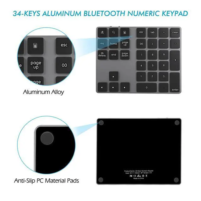Alt view image 2 of 7 - Bluetooth Numeric Keypad, Aluminum Rechargeable 34-Keys Wireless Number Pad External 10 Keys Numpad Data Entry Compatible for Laptop MacBook Mac Windows