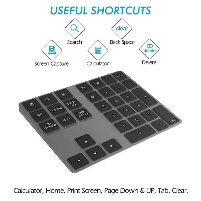 Alt view image 3 of 7 - Bluetooth Numeric Keypad, Aluminum Rechargeable 34-Keys Wireless Number Pad External 10 Keys Numpad Data Entry Compatible for Laptop MacBook Mac Windows