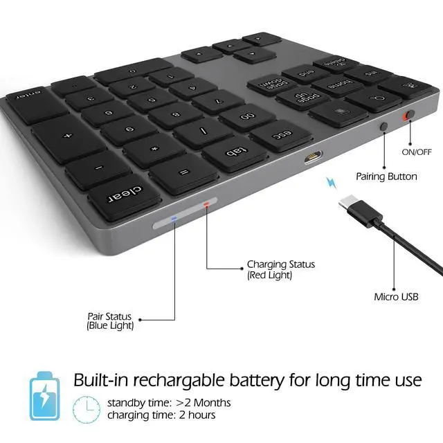 Alt view image 4 of 7 - Bluetooth Numeric Keypad, Aluminum Rechargeable 34-Keys Wireless Number Pad External 10 Keys Numpad Data Entry Compatible for Laptop MacBook Mac Windows