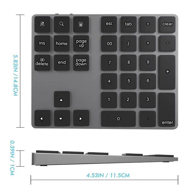 Alt view image 5 of 7 - Bluetooth Numeric Keypad, Aluminum Rechargeable 34-Keys Wireless Number Pad External 10 Keys Numpad Data Entry Compatible for Laptop MacBook Mac Windows