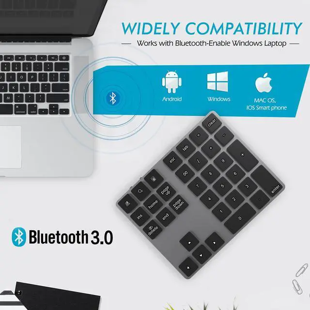 Alt view image 6 of 7 - Bluetooth Numeric Keypad, Aluminum Rechargeable 34-Keys Wireless Number Pad External 10 Keys Numpad Data Entry Compatible for Laptop MacBook Mac Windows