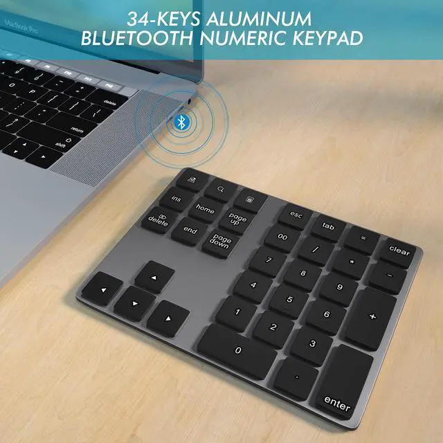 Alt view image 7 of 7 - Bluetooth Numeric Keypad, Aluminum Rechargeable 34-Keys Wireless Number Pad External 10 Keys Numpad Data Entry Compatible for Laptop MacBook Mac Windows