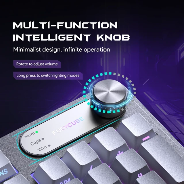 Alt view image 3 of 7 - FURYCUBE IP98 Tri-Mode Wireless RGB Keyboard with Number Pad and Knob | Tri-mode Bluetooth 5.0, 2.4 GHz and USB-C; 7 RGB modes; 10 logo colors; 4 brightness levels; 4000 mAh battery
